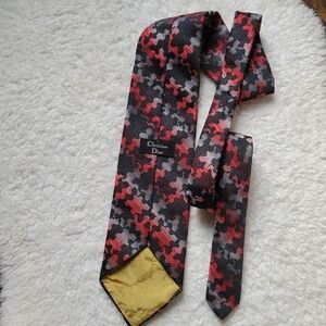 1970s Christian Dior Red and Black Patterned SILK Tie